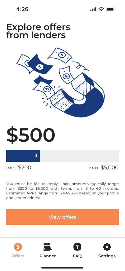 FinVo: Same Day Cash Loans screen: application status